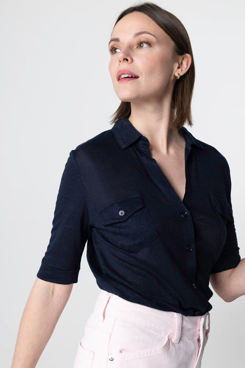 Camisa azul marino con mangas codos de lino/elastano - MAJESTIC FILATURES
