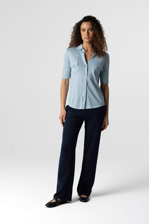 Chemise Bleu Clair Col Chemise Manches 3/4 en Lin / Elasthanne - MAJESTIC FILATURES