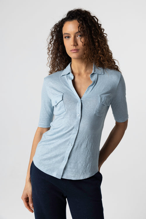 Chemise Bleu Clair Col Chemise Manches 3/4 en Lin / Elasthanne - MAJESTIC FILATURES