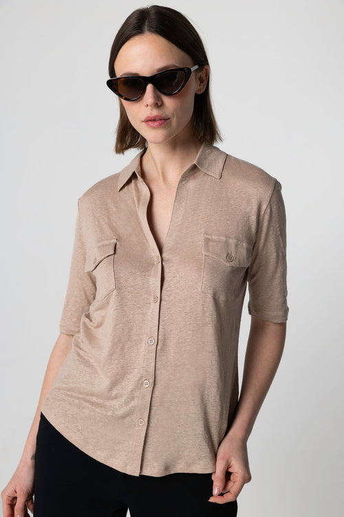 Camisa beige con mangas codos de lino/elastano - MAJESTIC FILATURES