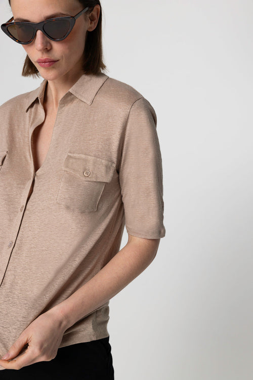 Camisa beige con mangas codos de lino/elastano - MAJESTIC FILATURES
