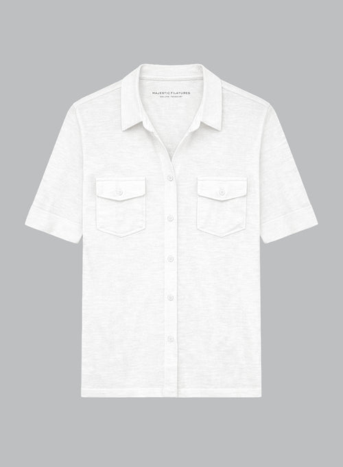 White Elbow-Length-Sleeve Collared Shirt in Linen / Elastane - MAJESTIC FILATURES