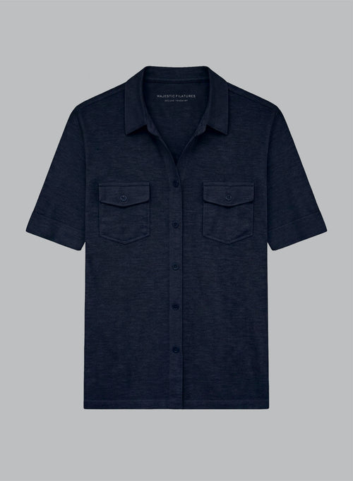 Camisa azul marino con mangas codos de lino/elastano - MAJESTIC FILATURES