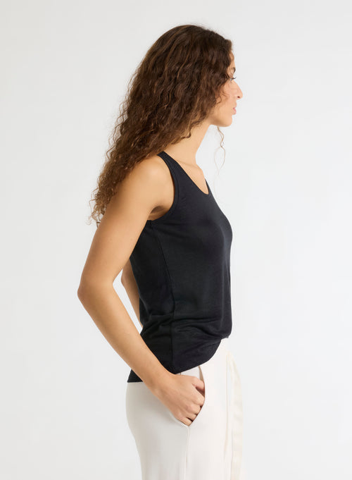 Débardeur Noir Col U Sans Manches en Lin / Elasthanne - MAJESTIC FILATURES