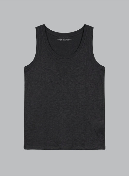 Black U-Neck Tank Top in Linen / Elastane - MAJESTIC FILATURES