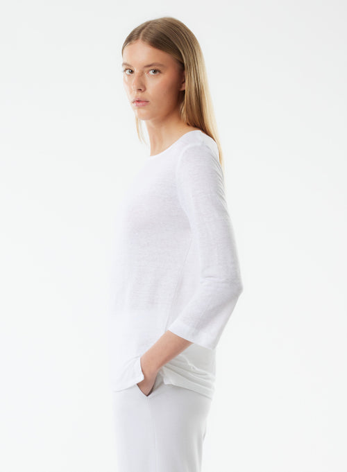 White 3/4 Sleeve Boat Neck Linen/Elastane T-shirt - MAJESTIC FILATURES