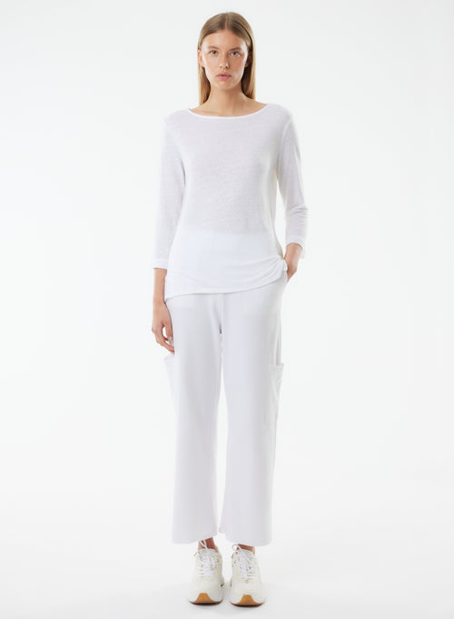 White 3/4 Sleeve Boat Neck Linen/Elastane T-shirt - MAJESTIC FILATURES