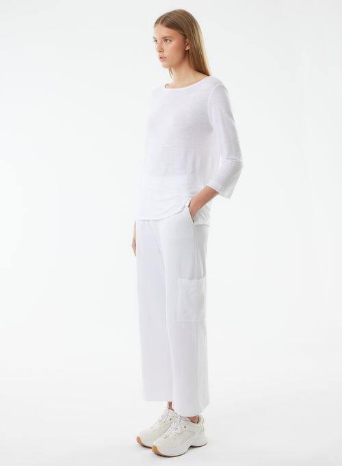 White 3/4 Sleeve Boat Neck Linen/Elastane T-shirt - MAJESTIC FILATURES