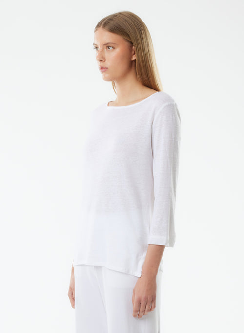 White 3/4 Sleeve Boat Neck Linen/Elastane T-shirt - MAJESTIC FILATURES