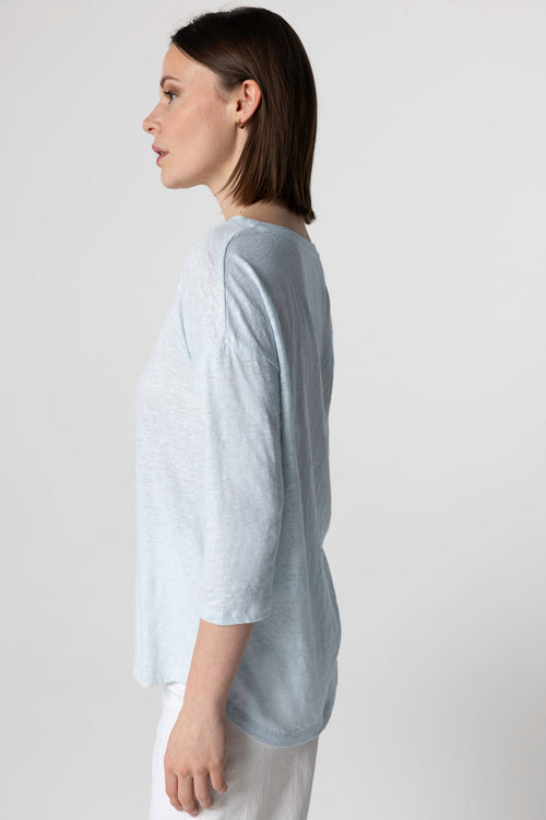 T-shirt Bleu Clair Col Bateau Manches Trois quarts en Lin / Elasthanne - MAJESTIC FILATURES