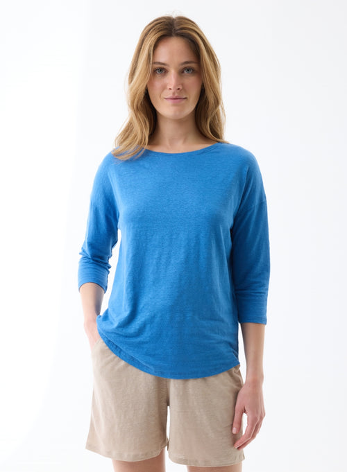 T-shirt Blue Boat Neck Three-quarter sleeves in Linen / Elastane - MAJESTIC FILATURES