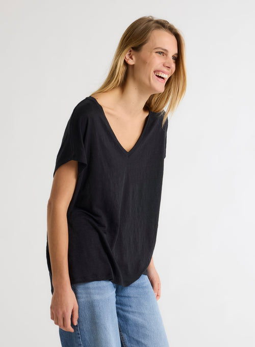 Black V-neck T-shirt Short Sleeve - MAJESTIC FILATURES