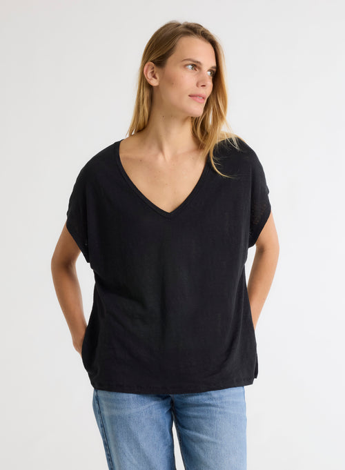 Black V-neck T-shirt Short Sleeve - MAJESTIC FILATURES