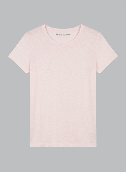 T-shirt Rose Col Rond Manches Courtes en Lin / Elasthanne - MAJESTIC FILATURES