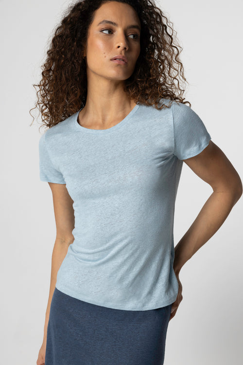 T-shirt bleu clair Col Rond Manches Courtes en Lin / Elasthanne - MAJESTIC FILATURES