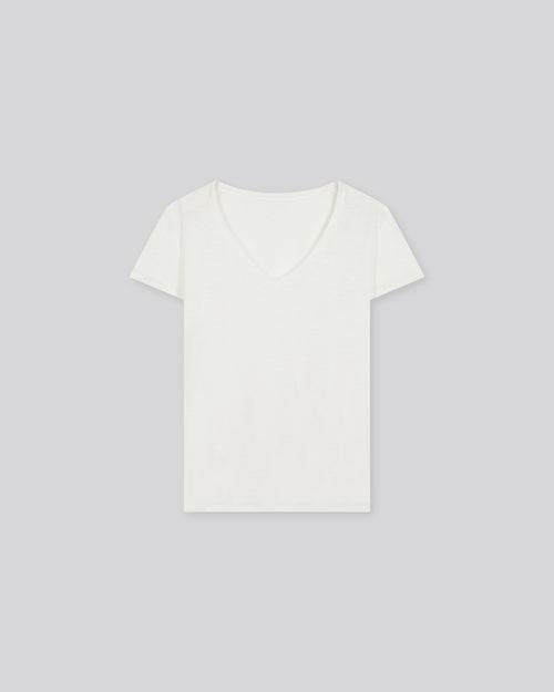 T-shirt Blanc Col V Manches Courtes en Lin et Elasthanne - MAJESTIC FILATURES