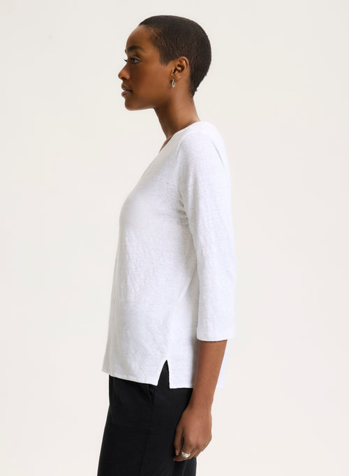 White 3/4 Sleeve V-Neck T-shirt in Linen / Elastane - MAJESTIC FILATURES