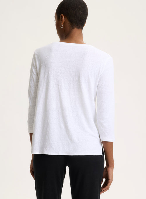 White 3/4 Sleeve V-Neck T-shirt in Linen / Elastane - MAJESTIC FILATURES