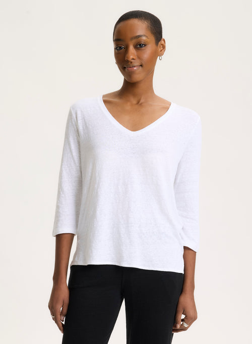 White 3/4 Sleeve V-Neck T-shirt in Linen / Elastane - MAJESTIC FILATURES