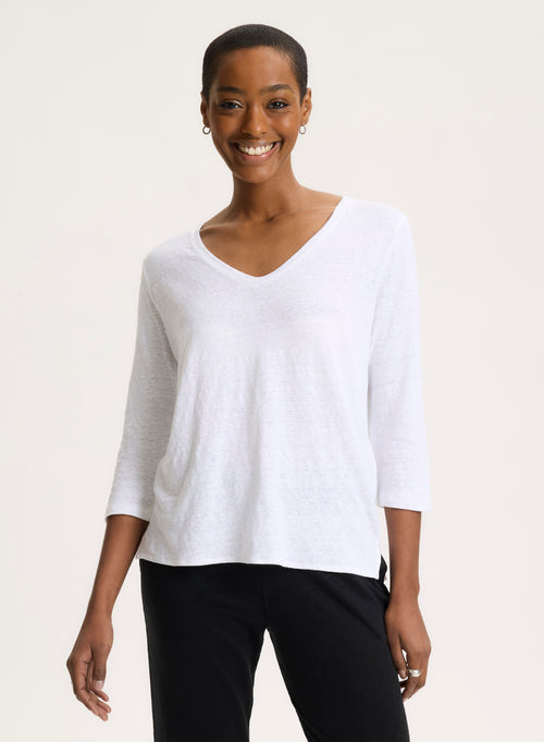 White 3/4 Sleeve V-Neck T-shirt in Linen / Elastane - MAJESTIC FILATURES