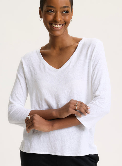 White 3/4 Sleeve V-Neck T-shirt in Linen / Elastane - MAJESTIC FILATURES