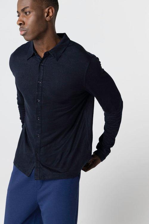 Camisa azul marino de manga larga en lino/elastano - MAJESTIC FILATURES