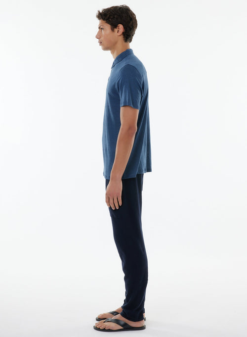 Blue Short Sleeve Polo Shirt in Linen, Elastane - MAJESTIC FILATURES