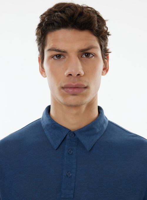 Blue Short Sleeve Polo Shirt in Linen, Elastane - MAJESTIC FILATURES