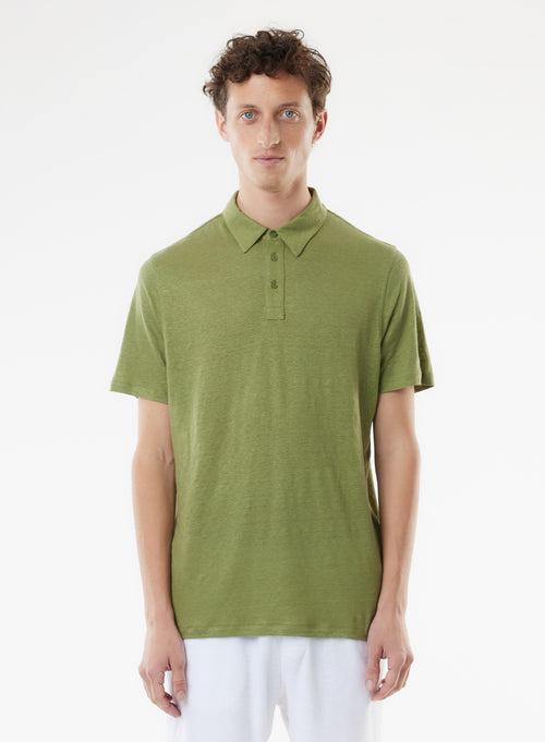 Grünes Kurzarm-Poloshirt aus Leinen / Elasthan - MAJESTIC FILATURES