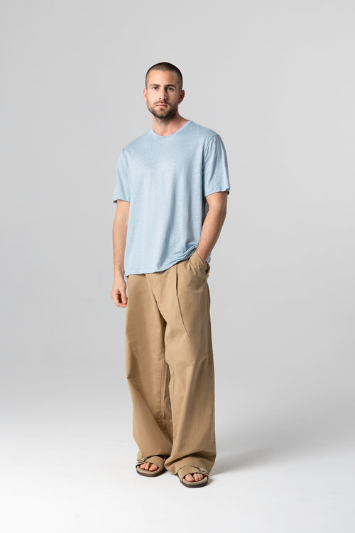 T-shirt Bleu Calanques Col Rond Manches Courtes en Lin / Elasthanne - MAJESTIC FILATURES