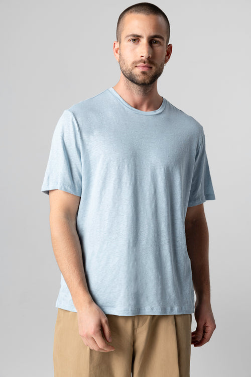 Camiseta azul Calanques cuello redondo manga corta de lino/elastano - MAJESTIC FILATURES
