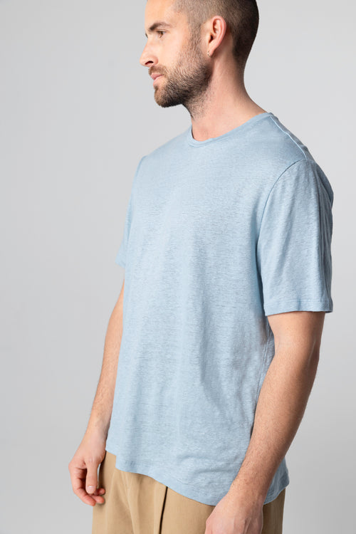 Camiseta azul Calanques cuello redondo manga corta de lino/elastano - MAJESTIC FILATURES