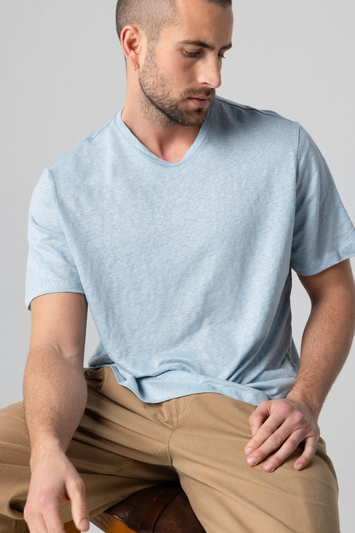 Camiseta azul Calanques cuello redondo manga corta de lino/elastano - MAJESTIC FILATURES
