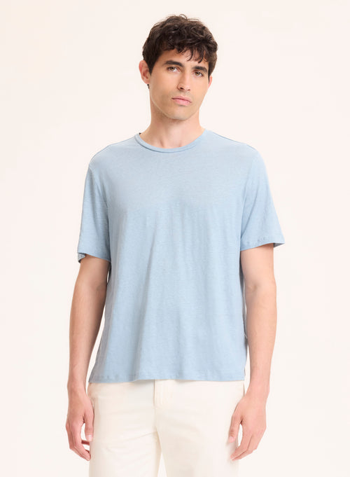 Blue Round Neck Short Sleeve Linen / Elastane T-Shirt - MAJESTIC FILATURES