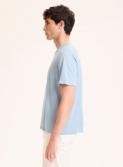Blue Round Neck Short Sleeve Linen / Elastane T-Shirt - MAJESTIC FILATURES