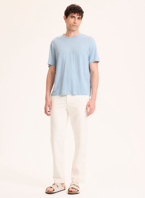 Blue Round Neck Short Sleeve Linen / Elastane T-Shirt - MAJESTIC FILATURES