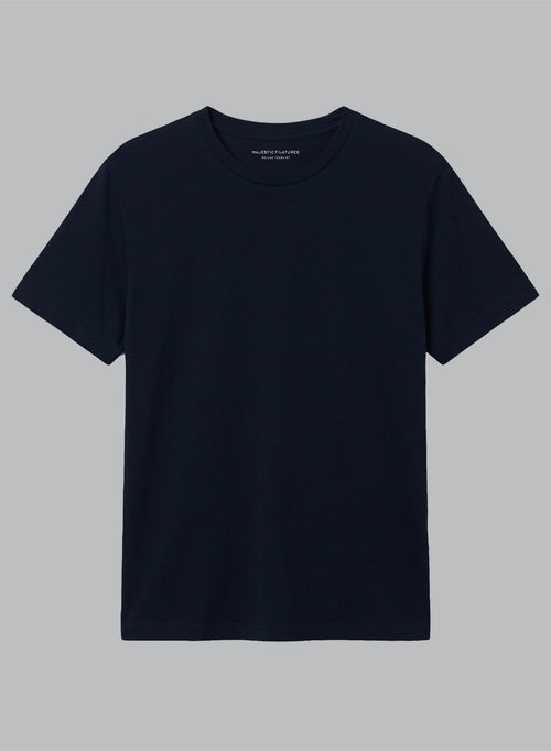 Camiseta azul marino de cuello redondo y manga corta de lino/elastano - MAJESTIC FILATURES