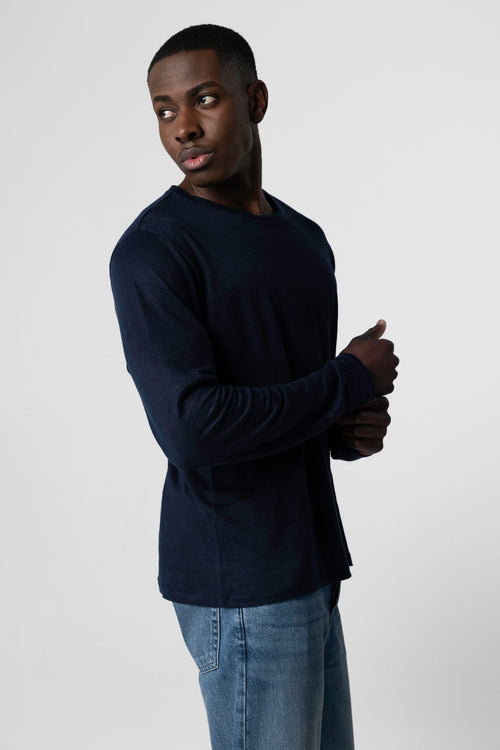 Langärmliges T-Shirt mit Rundhalsausschnitt aus Leinen/Elasthan in Marineblau - MAJESTIC FILATURES