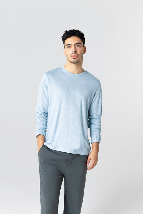 T-shirt bleu clair Col Rond Manches Longues en Lin / Elasthanne - MAJESTIC FILATURES