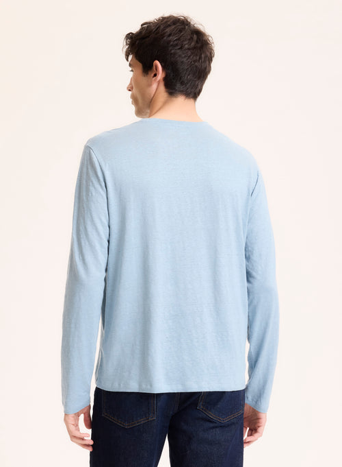 Blaues Langarm-T-Shirt aus Leinen / Elasthan mit Rundhalsausschnitt - MAJESTIC FILATURES