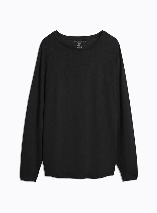 Black Long Sleeve Round Neck Linen/Elastane T-shirt - MAJESTIC FILATURES