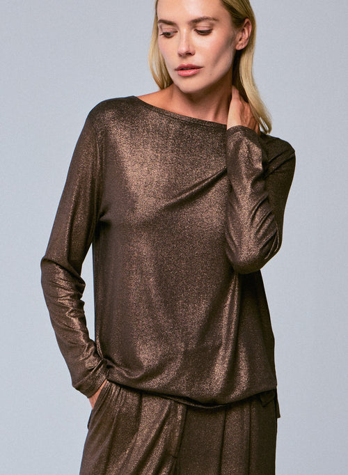 Brown Boat Neck Long Sleeves T-shirt in Viscose and Elastane - MAJESTIC FILATURES