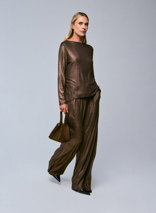Brown Boat Neck Long Sleeves T-shirt in Viscose and Elastane - MAJESTIC FILATURES