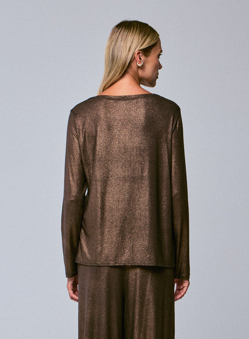 Brown Boat Neck Long Sleeves T-shirt in Viscose and Elastane - MAJESTIC FILATURES