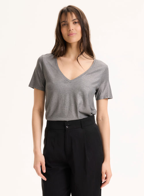 Tee shirt Gris Col V Manches Courtes en Viscose / Élasthanne - MAJESTIC FILATURES
