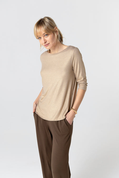 T-Shirt mit U-Boot-Ausschnitt und Dreiviertelärmeln aus Viskose/Elasthan in Kaffee Latte - MAJESTIC FILATURES