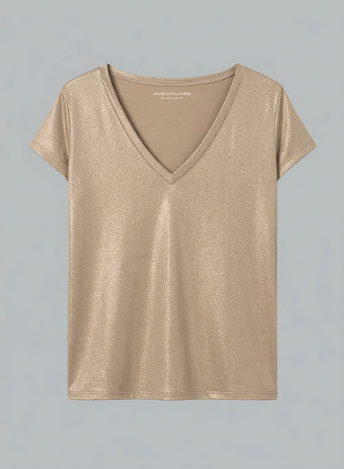 V-Neck Short-Sleeve Viscose / Elastane T-shirt in Coffee Latte - MAJESTIC FILATURES