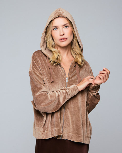 Beigefarbenes Kapuzensweatshirt mit langen Ärmeln aus Baumwolle / Modal / Elasthan - MAJESTIC FILATURES