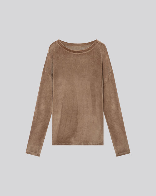 Beige Boat Neck Long Sleeves T-Shirt in Organic Cotton / Modal / Elastane - MAJESTIC FILATURES