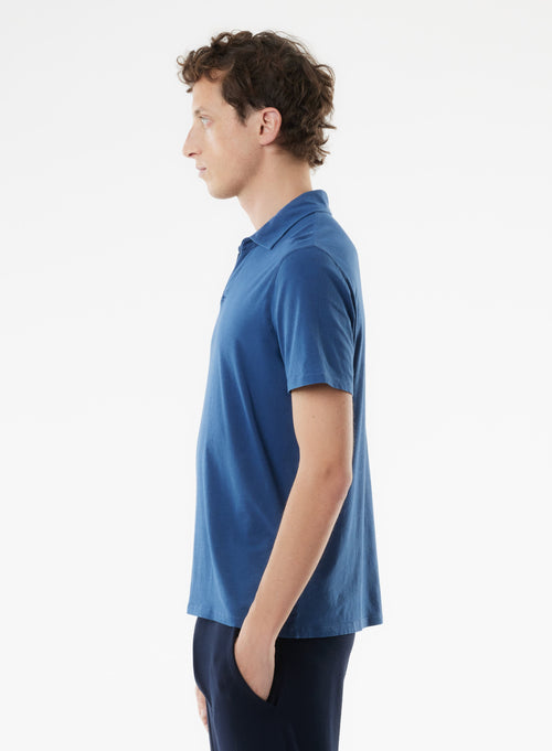 Blue Short Sleeve Polo Shirt in Organic Cotton and Elastane - MAJESTIC FILATURES